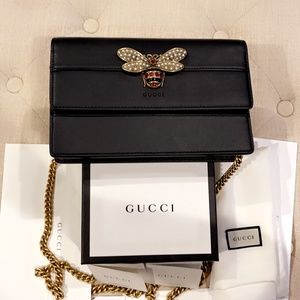 Gucci Black Leather Bee Embellished Crossbody Bag
